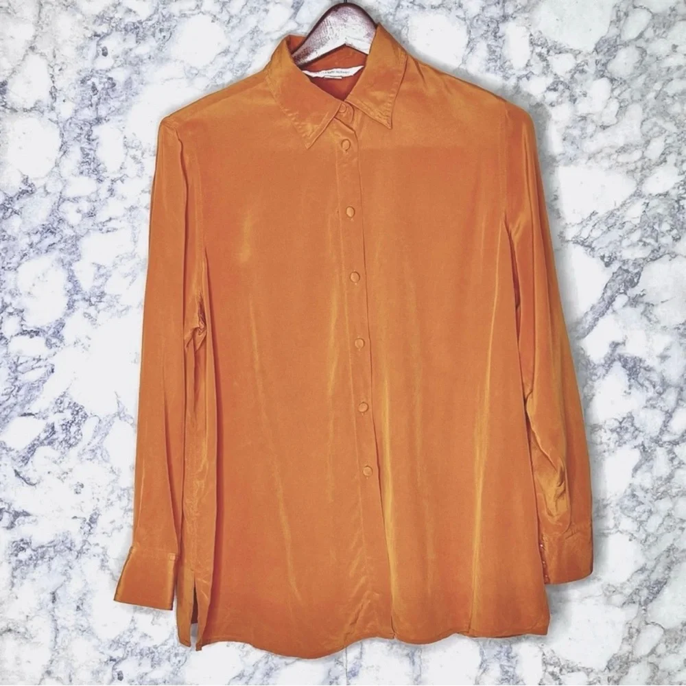 ⭐️ August Max Orange SILK Vintage Button Up Roomy Blouse Womens XS - Picture 2 of 8